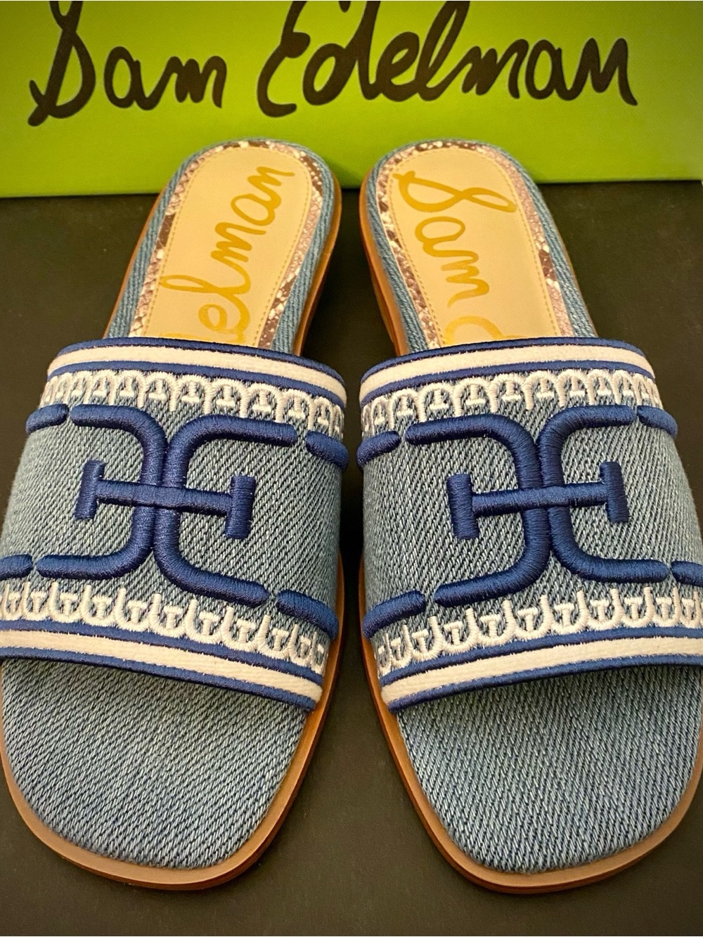 Sam Edelman Denim Blue & Tan Slide Mules with Snakeskin Trim